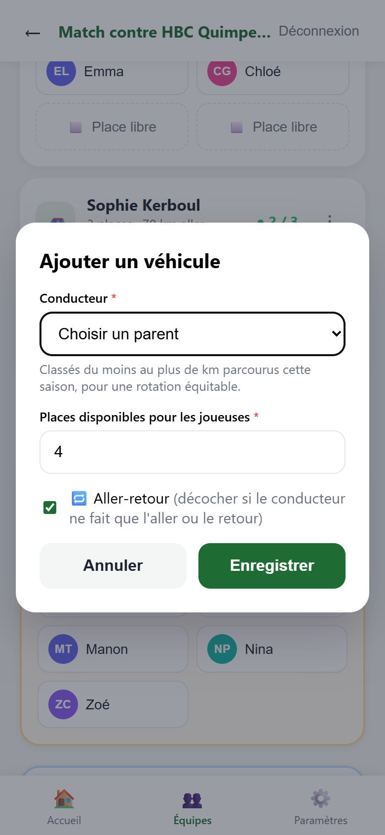 Fenêtre Ajouter un véhicule : conducteur, places disponibles, case Aller-retour